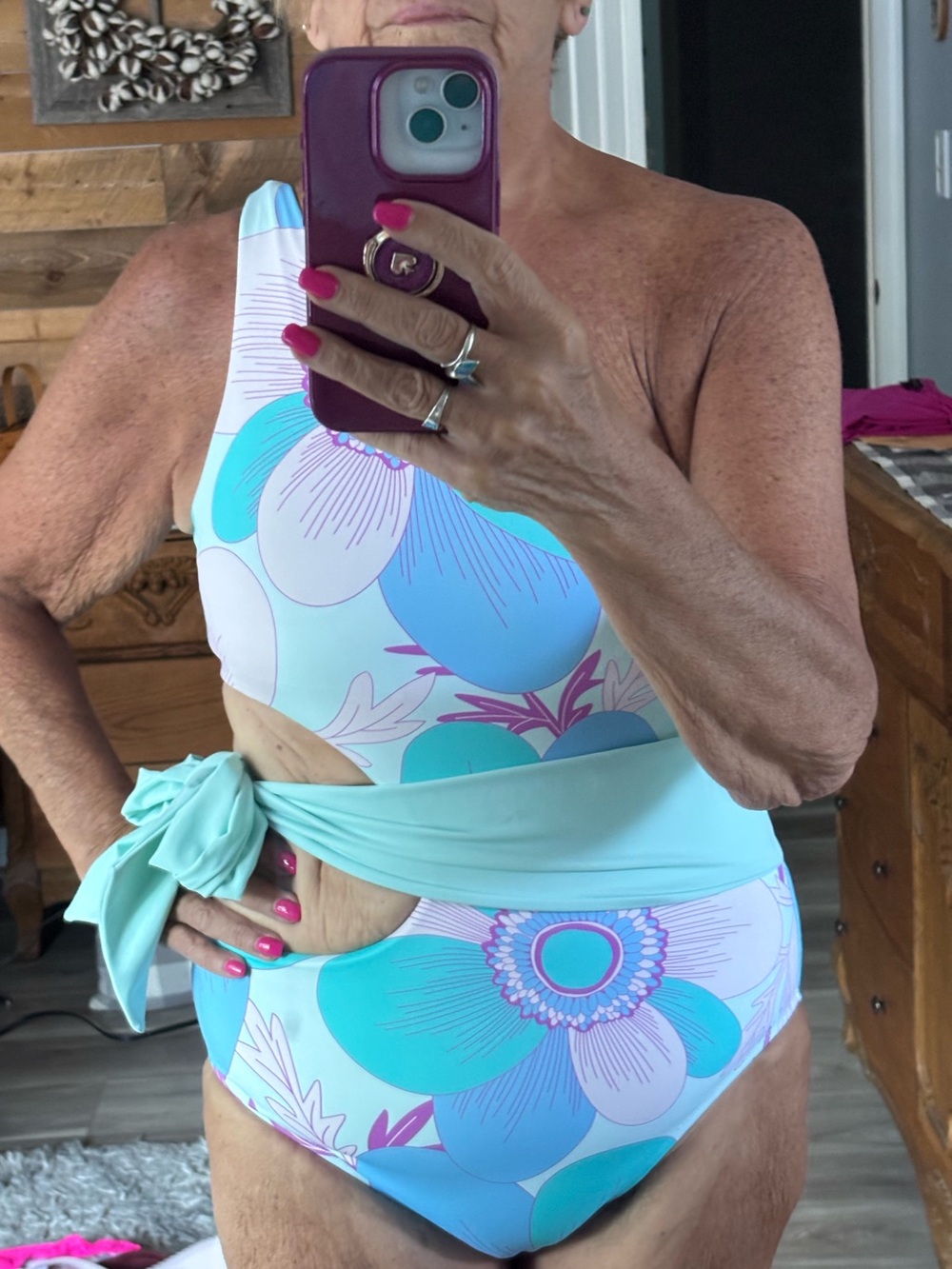One-Shoulder Floral Tie-Waist Womans One-Piece Swimsuit in Aqua& Pink